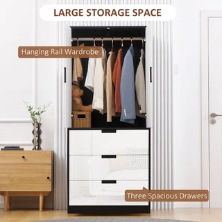 homcom 2 door wardrobe modern wardrobe with 3 drawers and hanging rod for bedroom high gloss white