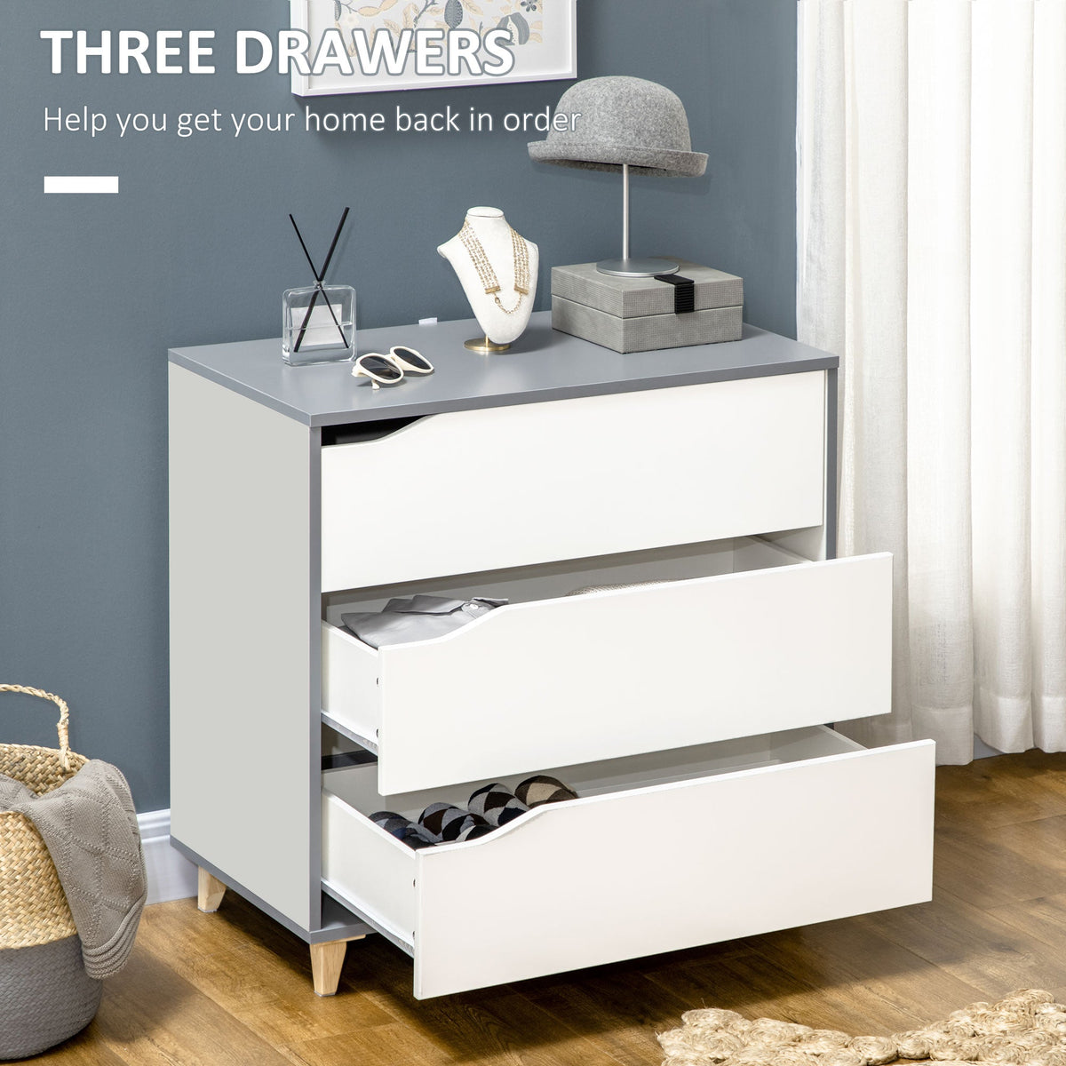 homcom bedroom furniture set wardrobe with hanging rail 3 drawer chest of drawers with cut out handles grey and white
