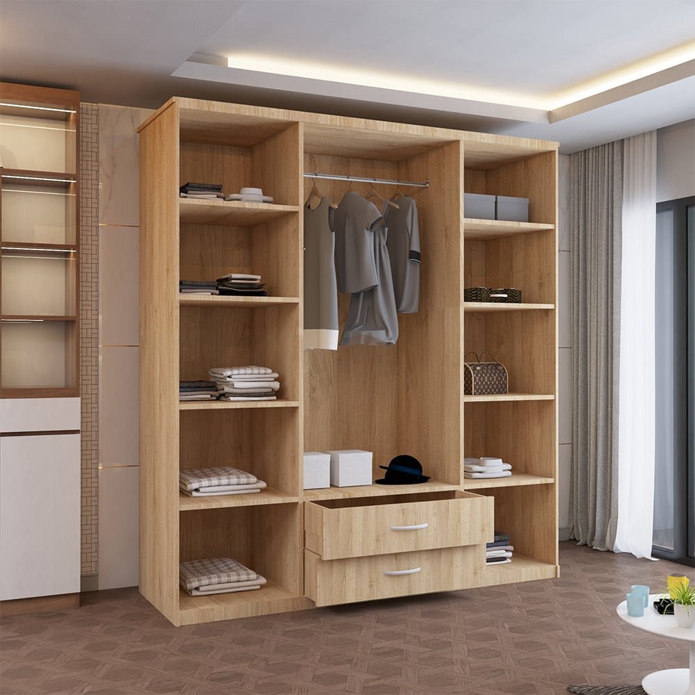CHOICEWARDROBE London Oak finish 4-door hinged wardrobe with mirrored central doors and 2 drawers.