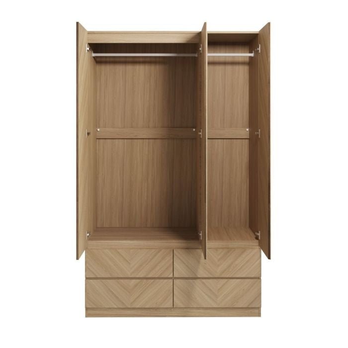 Euro Oak 3-door wardrobe with herringbone drawers