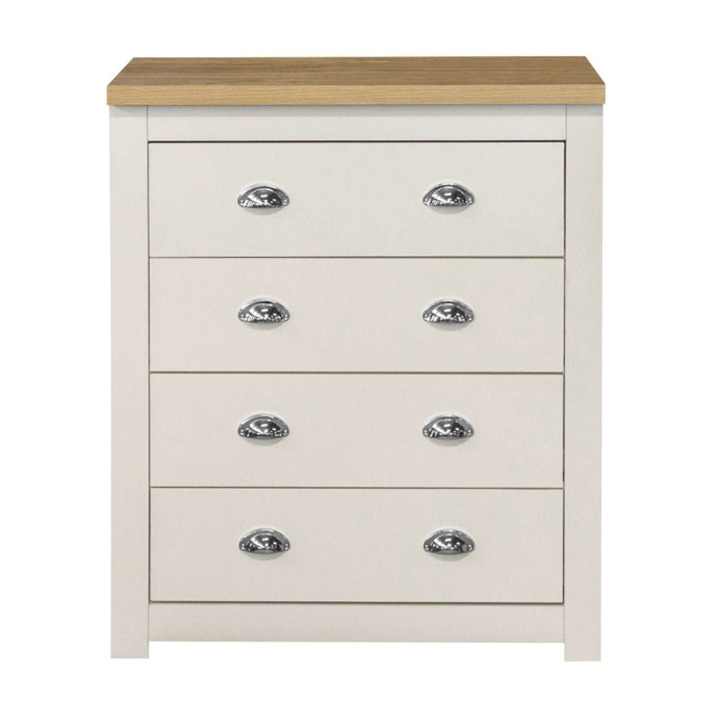 Highland wooden chest of 4 drawers in cream and oak with silver cup handles
