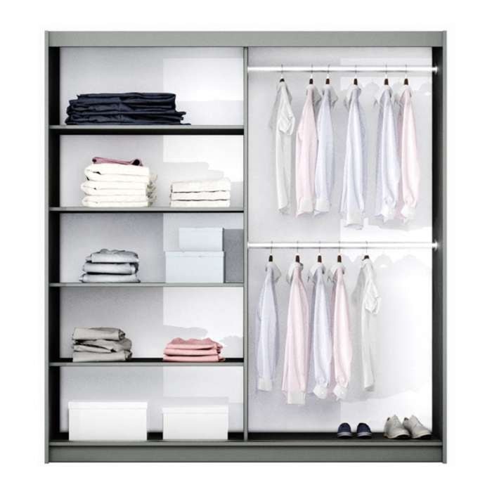 CHOICEWARDROBE DETROIT 200cm white 2 door sliding wardrobe with mirrored panels, showing folded clothes and hanging shirts.