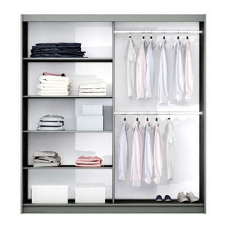 CHOICEWARDROBE DETROIT 200cm white 2 door sliding wardrobe with mirrored panels, showing folded clothes and hanging shirts.