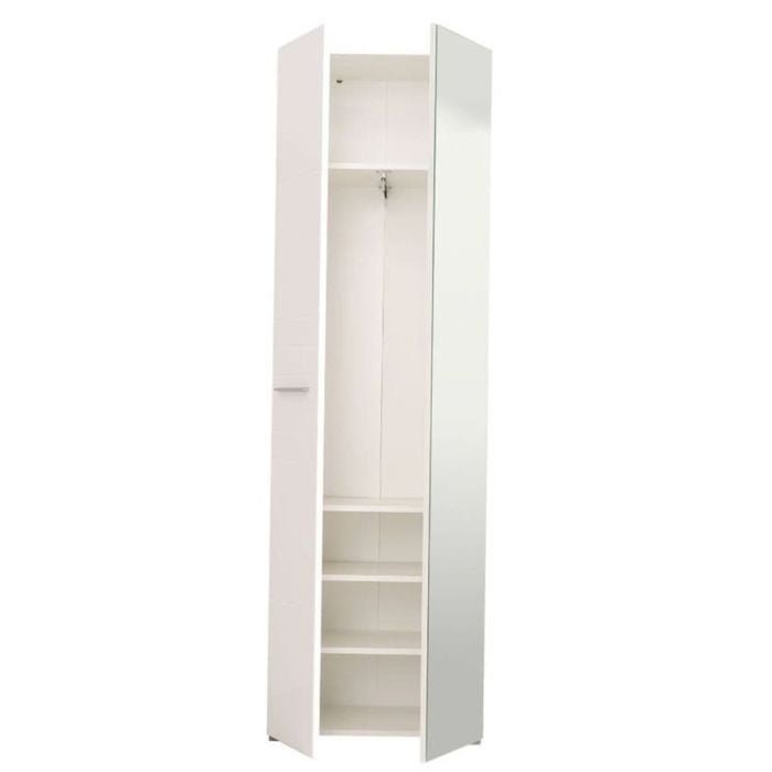 AMANDA 2 Door Mirrored Wardrobe gloss white, narrow design for small rooms with mirror door, hanging rail and shelves.