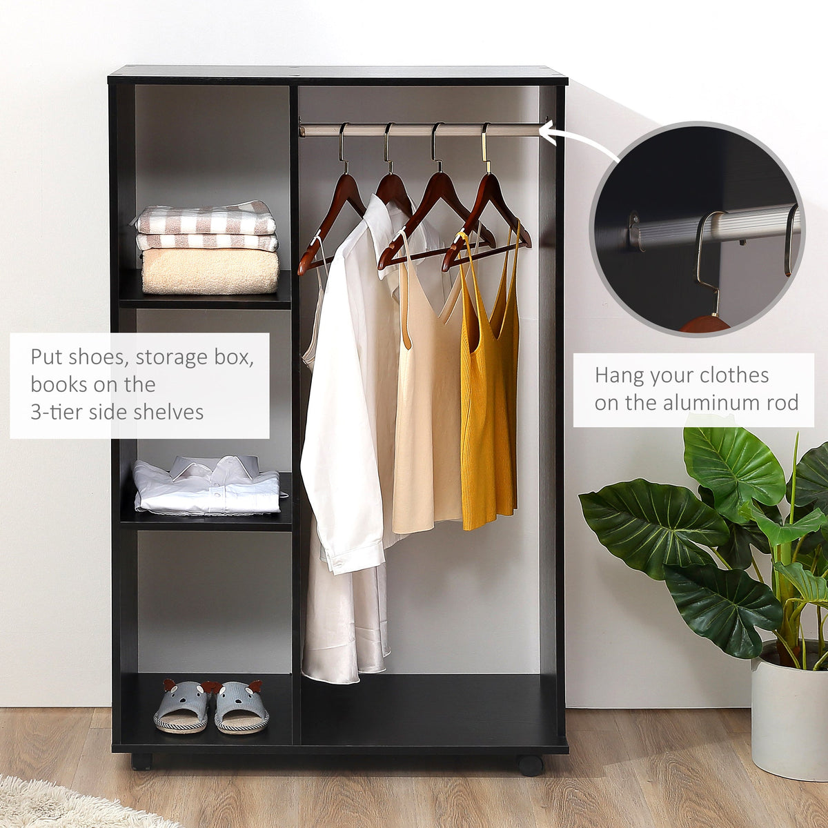 homcom open wardrobe on wheels bedroom wardrobe with clothes hanging rail 3 storage shelves mobile garment rack for cloakroom hallway black