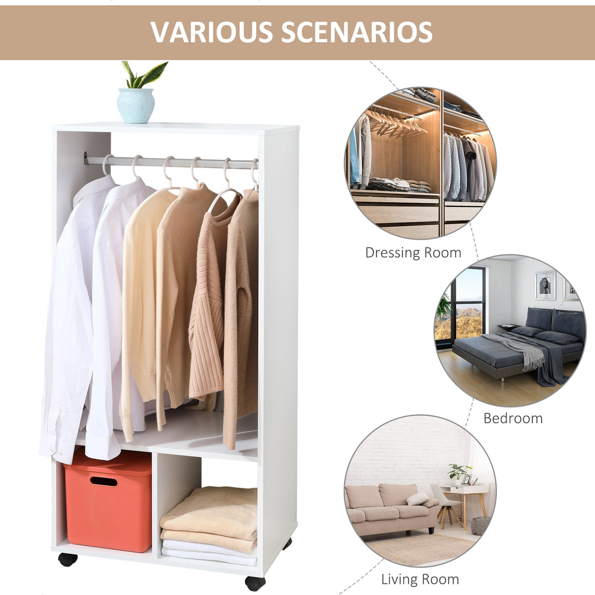 homcom open wardrobe on wheels bedroom wardrobe with clothes hanging rail 2 storage shelves mobile garment rack for cloakroom hallway white