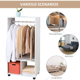homcom open wardrobe on wheels bedroom wardrobe with clothes hanging rail 2 storage shelves mobile garment rack for cloakroom hallway white