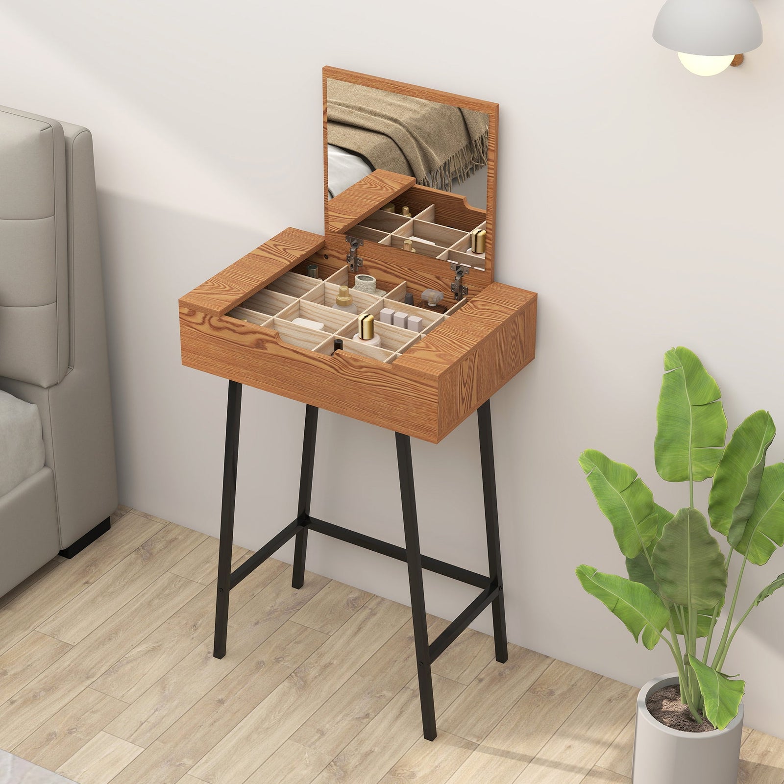 homcom vanity desk with flip up mirror industrial dressing table with 16 small compartments for bedroom natural wood effect