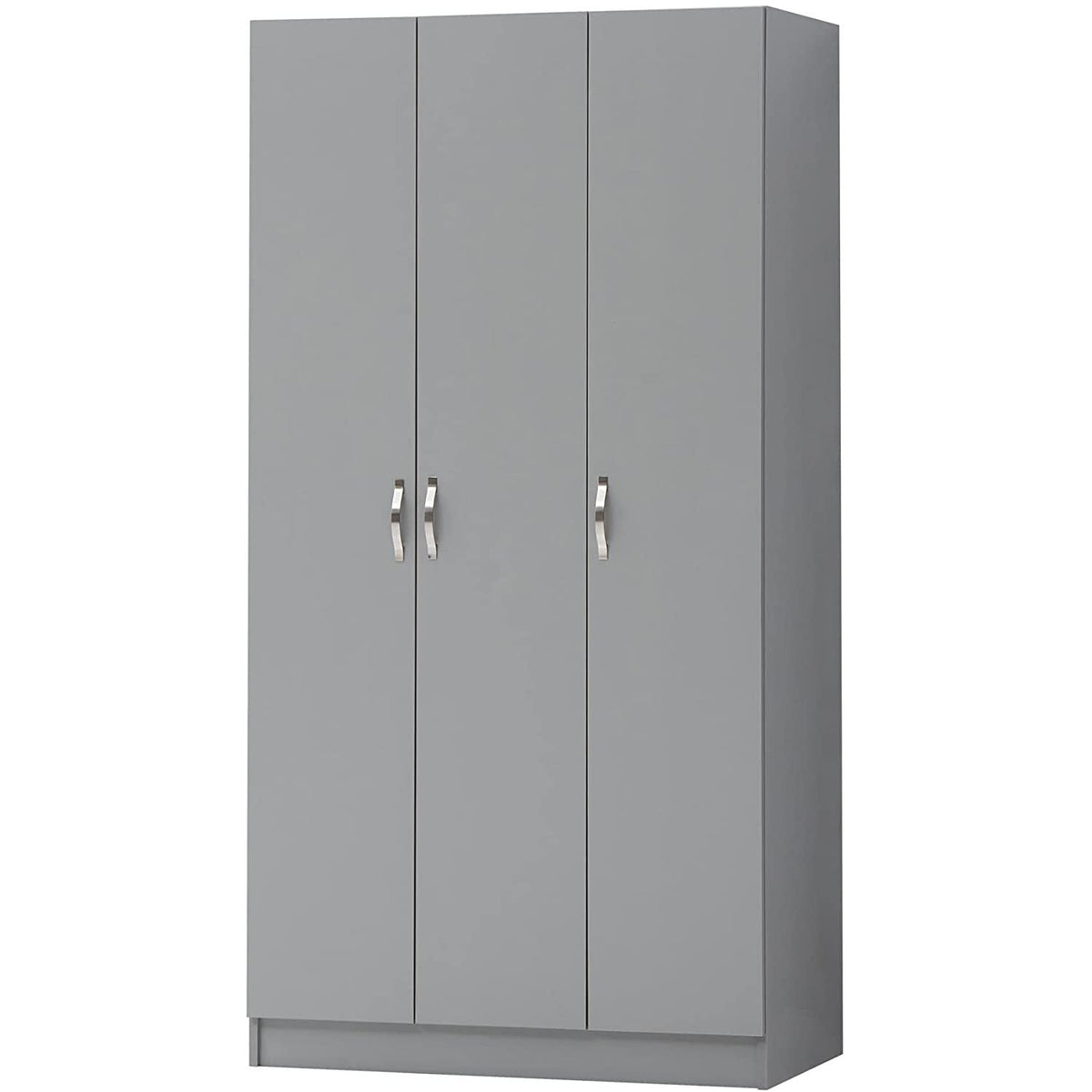 Grey 3-door wardrobe with silver handles against a white background