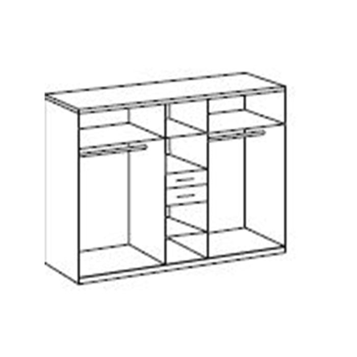 Line drawing of CHOICEWARDROBE DAKAR 5-door wardrobe with mirrored doors, 2 hanging rails, and 3 central drawers.