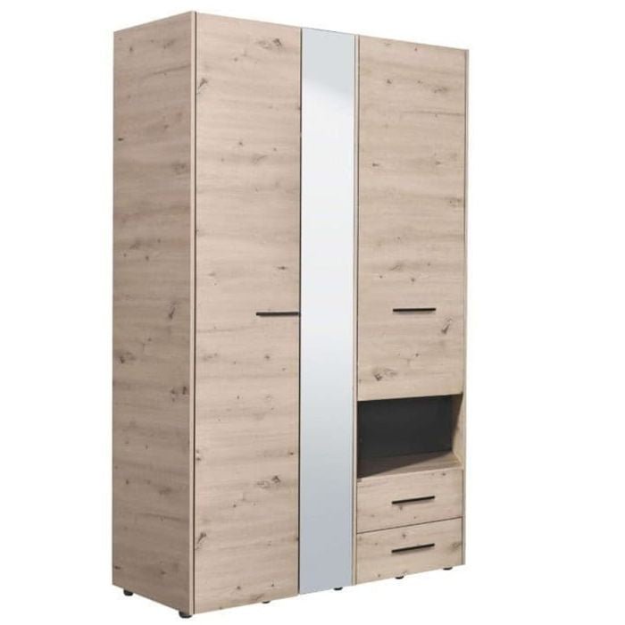 Grey oak effect 3-door wardrobe with central mirrored panel and drawer unit