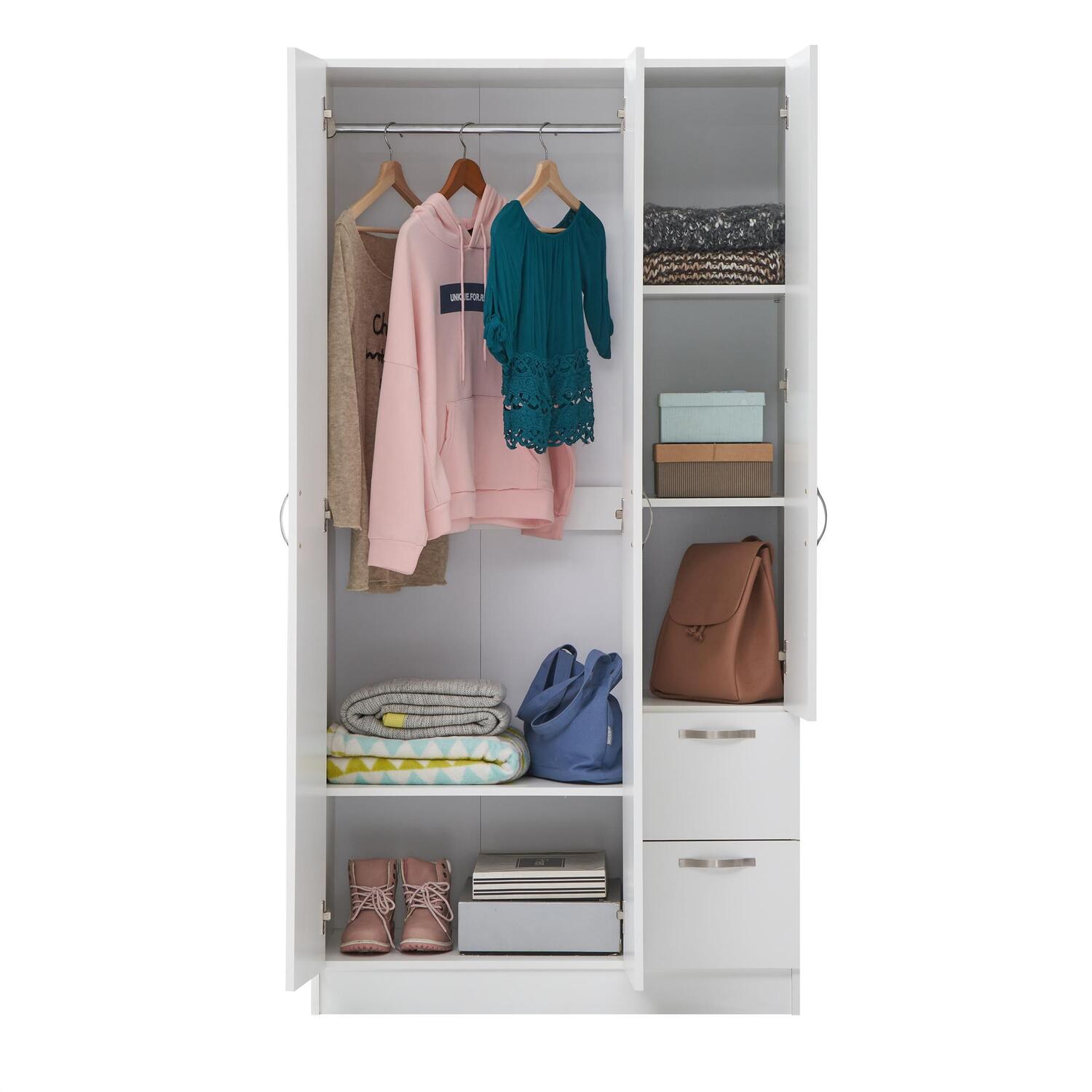 CHOICEWARDROBE Grafton 90 White 3 Door Wardrobe open, showing hanging clothes, blankets, boxes, bag and shoes.