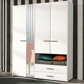 White 4-door wardrobe with one mirrored door and two visible drawers.