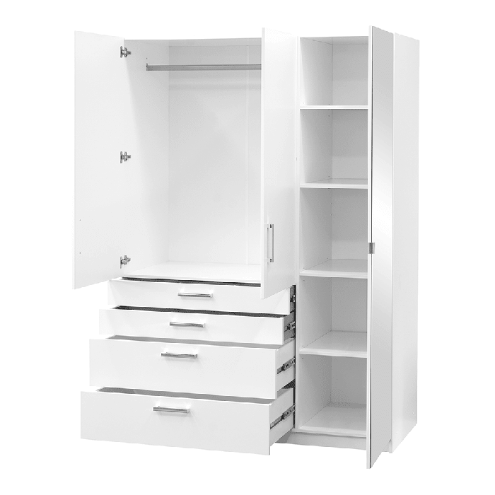 White 3-door wardrobe with 4 drawers and a mirrored door, showing open hanging space and shelved compartment.