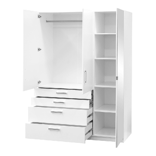 White 3-door wardrobe with 4 drawers and a mirrored door, showing open hanging space and shelved compartment.