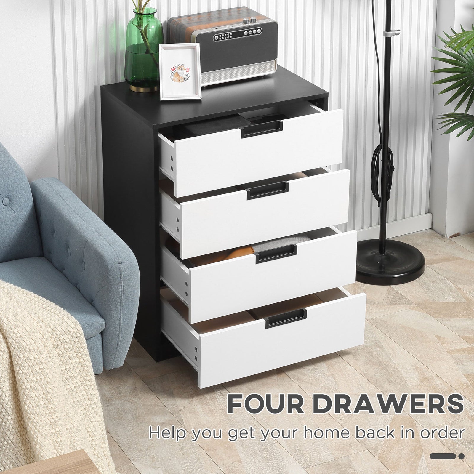 homcom bedroom furniture set wardrobe with hanging rod 4 drawer chest of drawers 2 bedside tables with storage white and black
