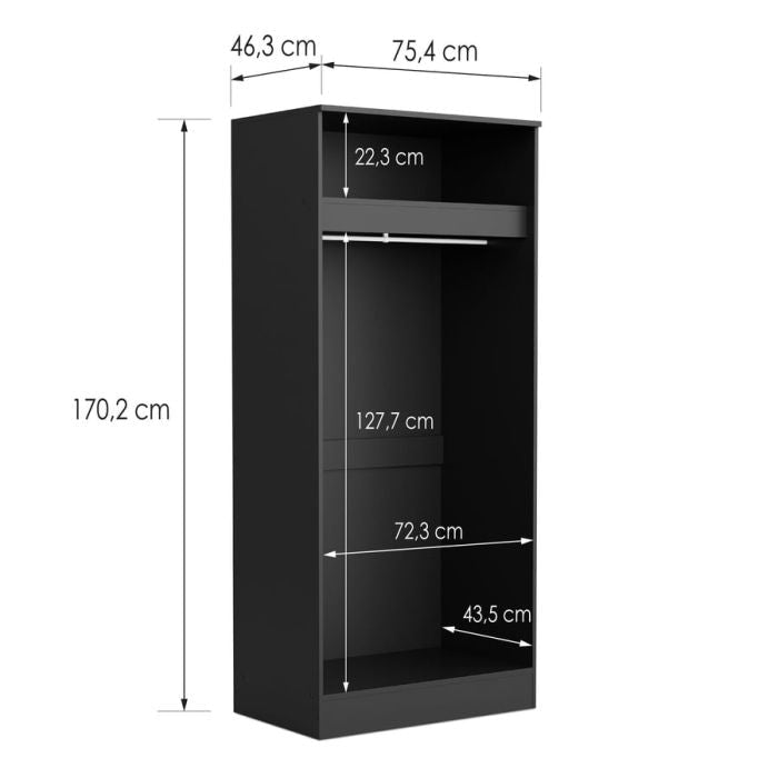 ARVELLO black 2-door wardrobe with internal dimensions 75.4cm wide, 170.2cm high