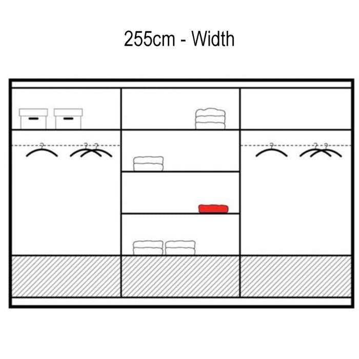Warrington 3 Door Sliding Wardrobe interior diagram: shelves, hanging rails, boxes, and a red item.