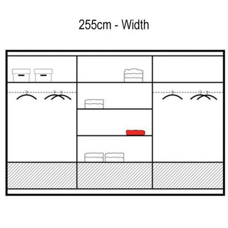 Warrington 3 Door Sliding Wardrobe interior diagram: shelves, hanging rails, boxes, and a red item.