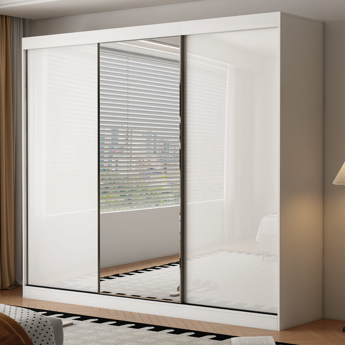 White gloss 3 door sliding wardrobe with mirrored centre door in a modern bedroom setting