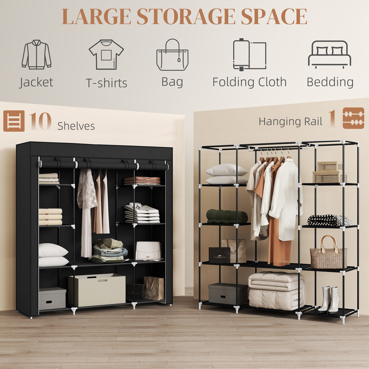 homcom portable wardrobe foldable fabric wardrobe 150 x 43 x 162 5cm clothes storage organiser with hanging rail shelves fabric cover for bedroom black