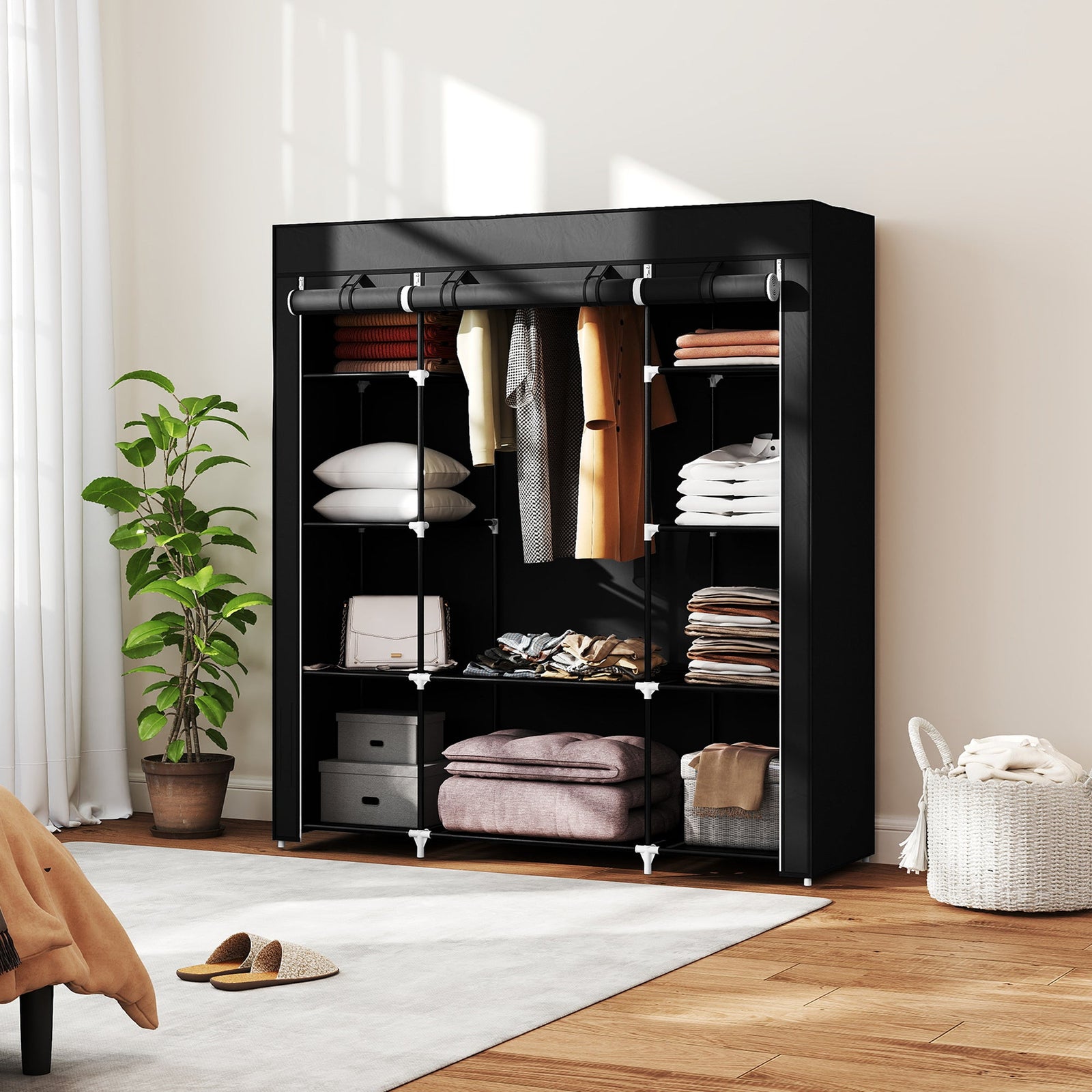 homcom portable wardrobe foldable fabric wardrobe 150 x 43 x 162 5cm clothes storage organiser with hanging rail shelves fabric cover for bedroom black