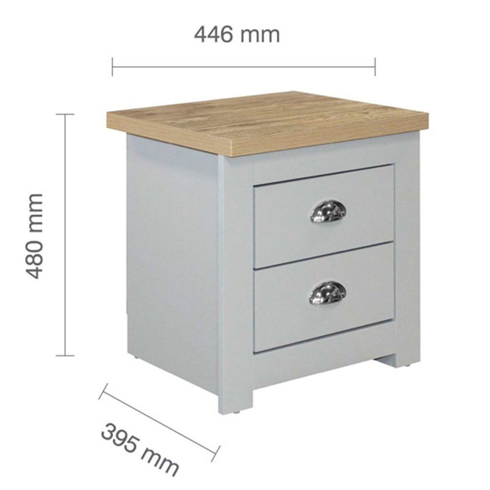 Grey bedside cabinet with oak-effect top and 2 drawers, 446mm W x 480mm H x 395mm D
