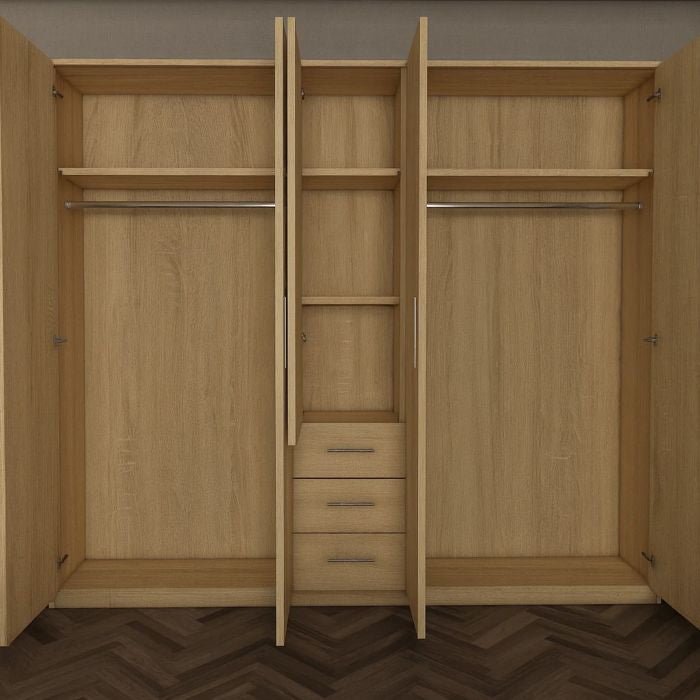 VIANNA 200cm 5-door oak wardrobe with 3 central drawers, shelves, and hanging rails.