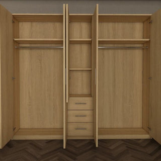 VIANNA 200cm 5-door oak wardrobe with 3 central drawers, shelves, and hanging rails.