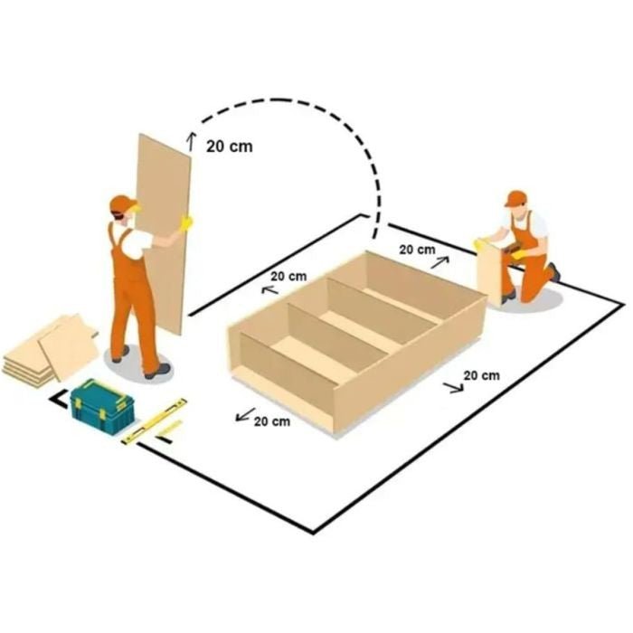Two people assembling a grey 3-door sliding wardrobe, with 20cm gaps indicated, tools and panels visible.