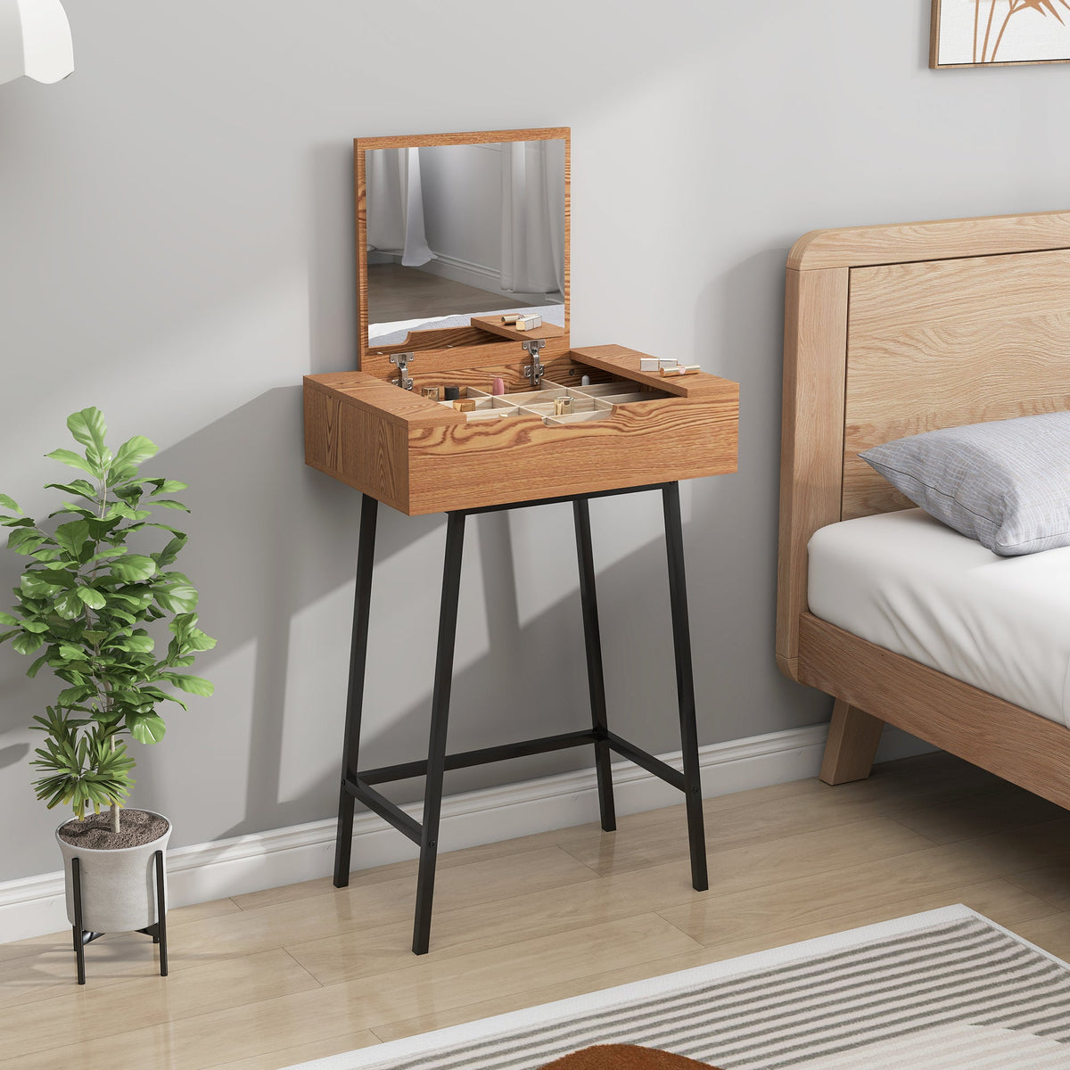 homcom vanity desk with flip up mirror industrial dressing table with 16 small compartments for bedroom natural wood effect
