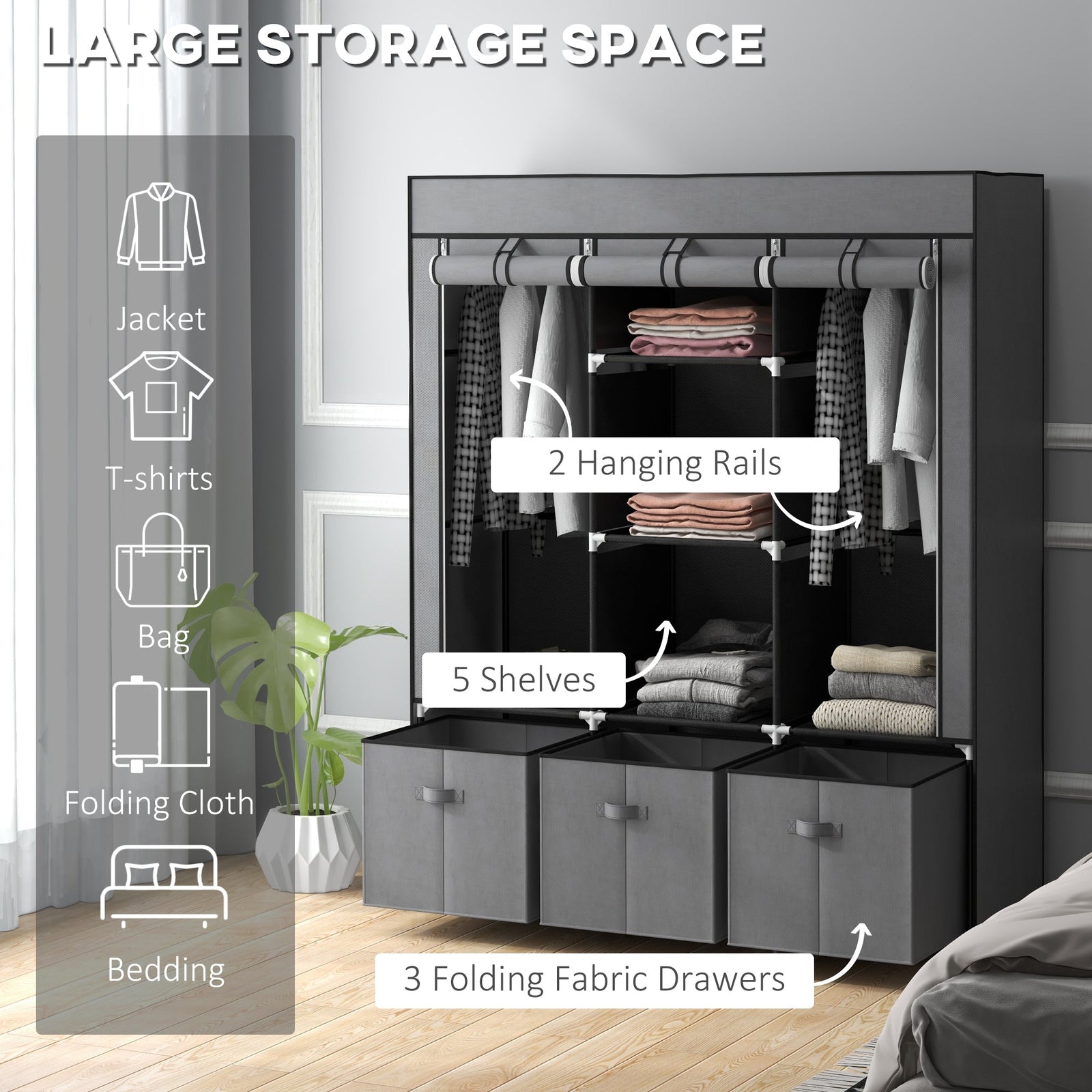 homcom foldable fabric wardrobe for bedroom portable wardrobe with 5 shelves 2 hanging rails and 3 fabric drawers dark grey