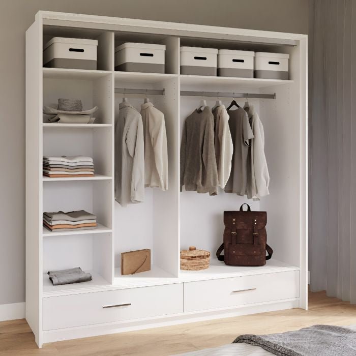 WARRINGTON 2 Door Sliding Wardrobe in white gloss with shelves, hanging rails and drawers.