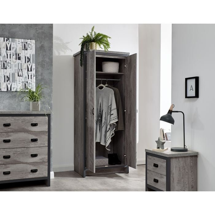 Grey distressed effect 2-door wardrobe with matching bedside table and 4-drawer chest