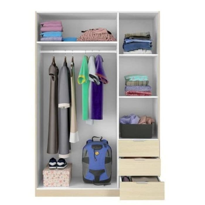 HARVEY 121cm oak effect 3 door wardrobe with hanging space, shelves, drawers, backpack and boxes