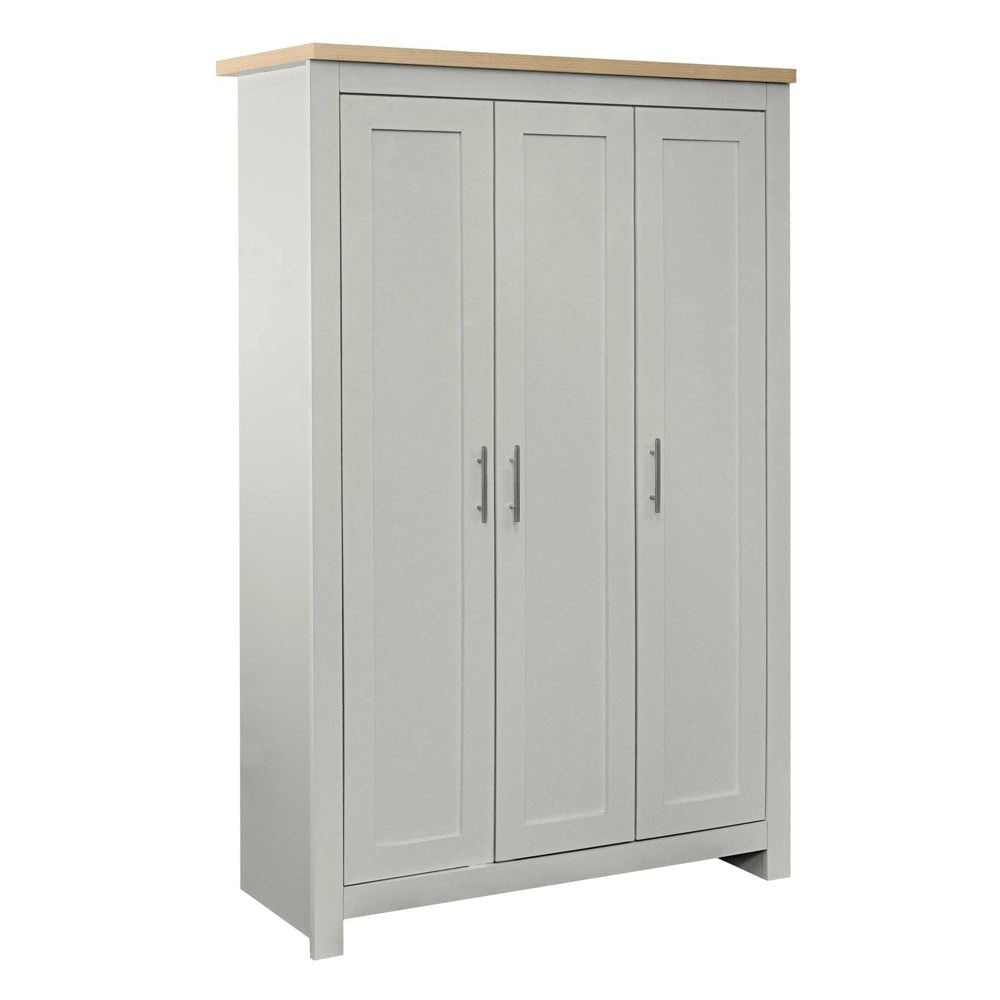Grey 3-door wooden wardrobe with oak-effect top and silver handles