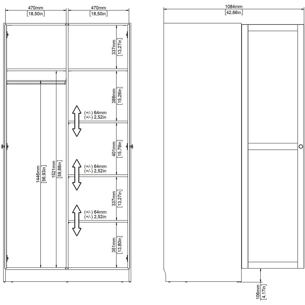 Florence Brande 2 Door Jackson Hickory Oak Wardrobe technical drawing with internal shelf and hanging space dimensions.