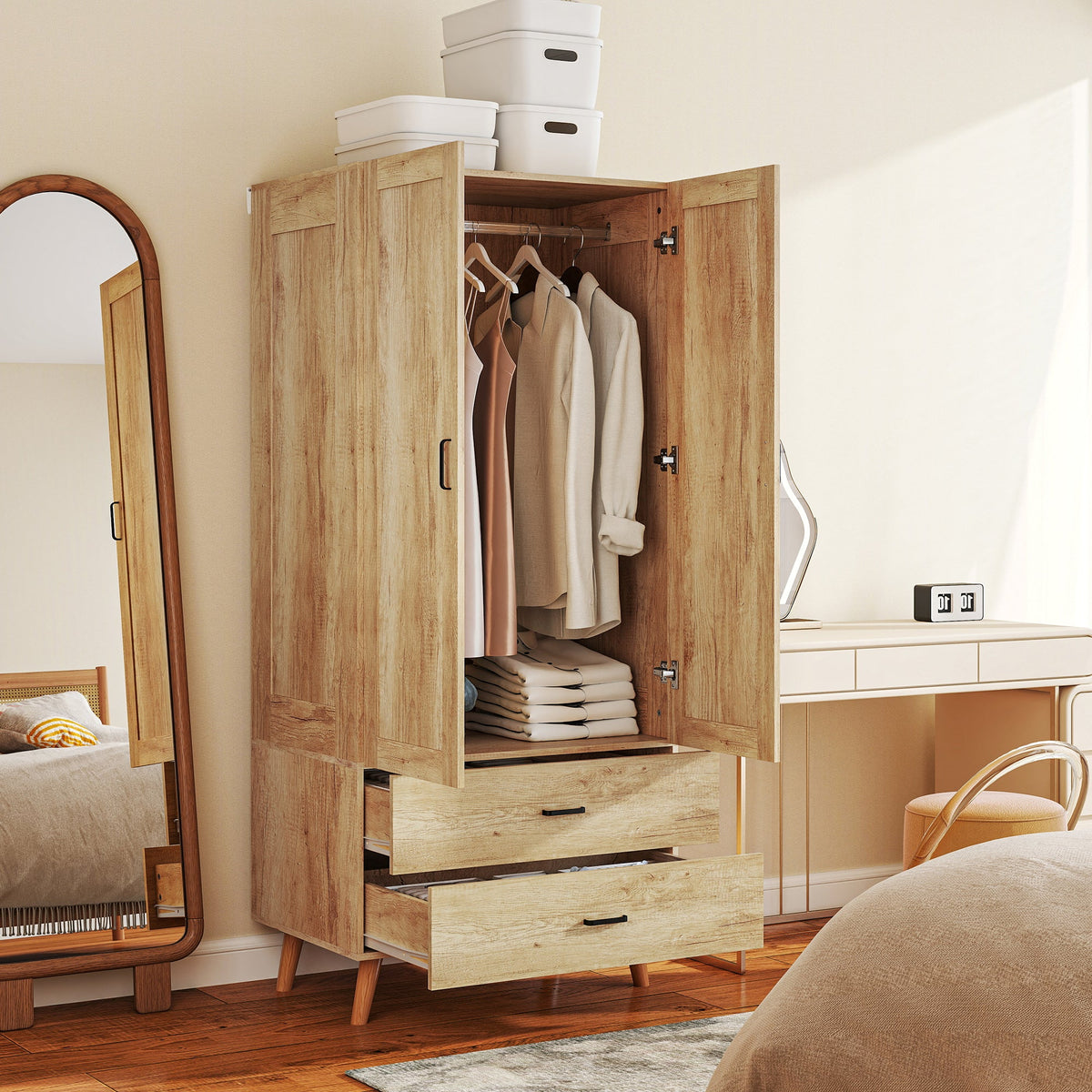 homcom 2 door wardrobe modern wardrobe with 2 drawer and hanging rail for bedroom natural