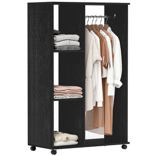 homcom open wardrobe on wheels bedroom wardrobe with clothes hanging rail 3 storage shelves mobile garment rack for cloakroom hallway black