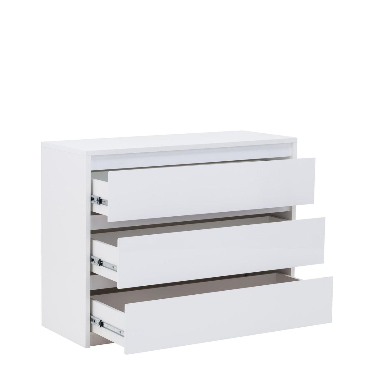 White gloss chest of drawers with three open drawers showing runners
