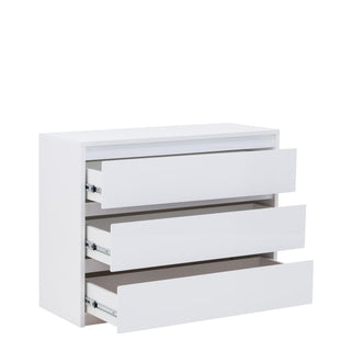 White gloss chest of drawers with three open drawers showing runners