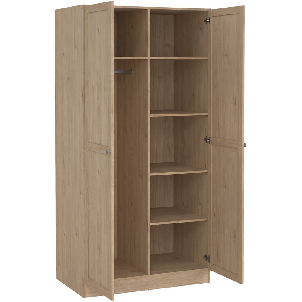 Florence Brande 2 door Jackson Hickory Oak open wardrobe showing hanging rail and shelves
