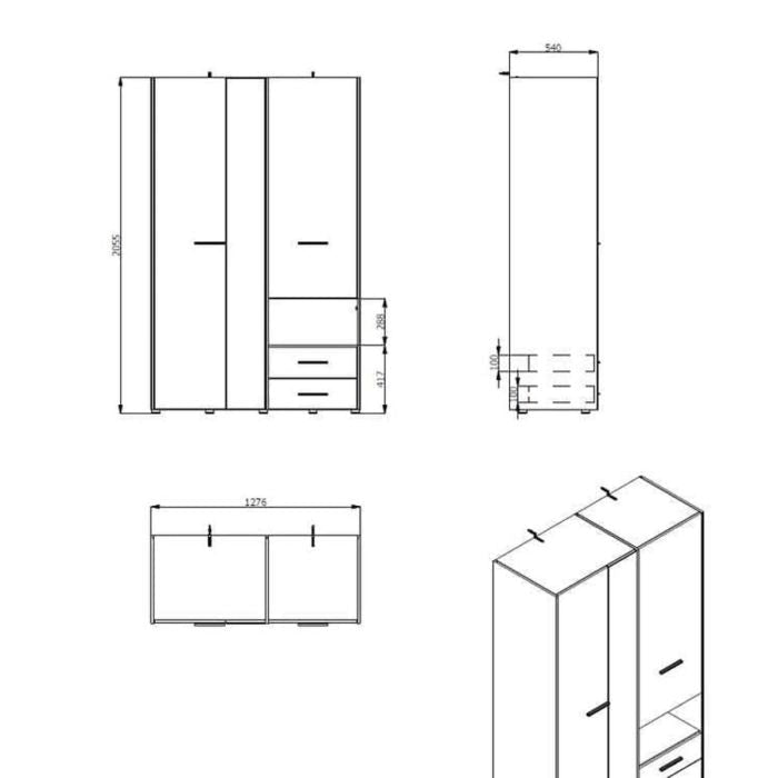 Technical drawing of a 3-door wardrobe with dimensions, showing front, side, and top views.