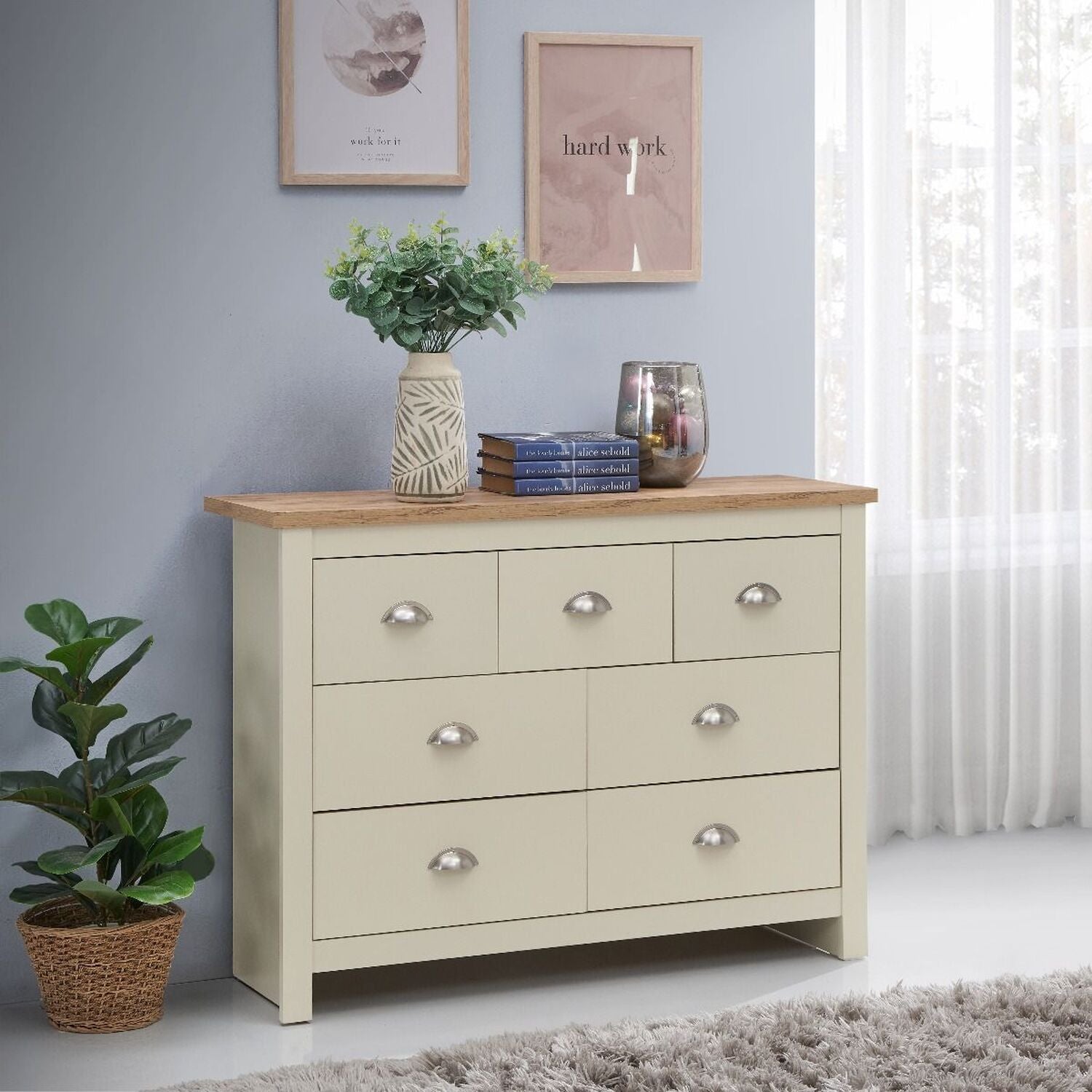 LISBON 7-Drawer Chest of Drawers in Cream with Oak Effect Top
