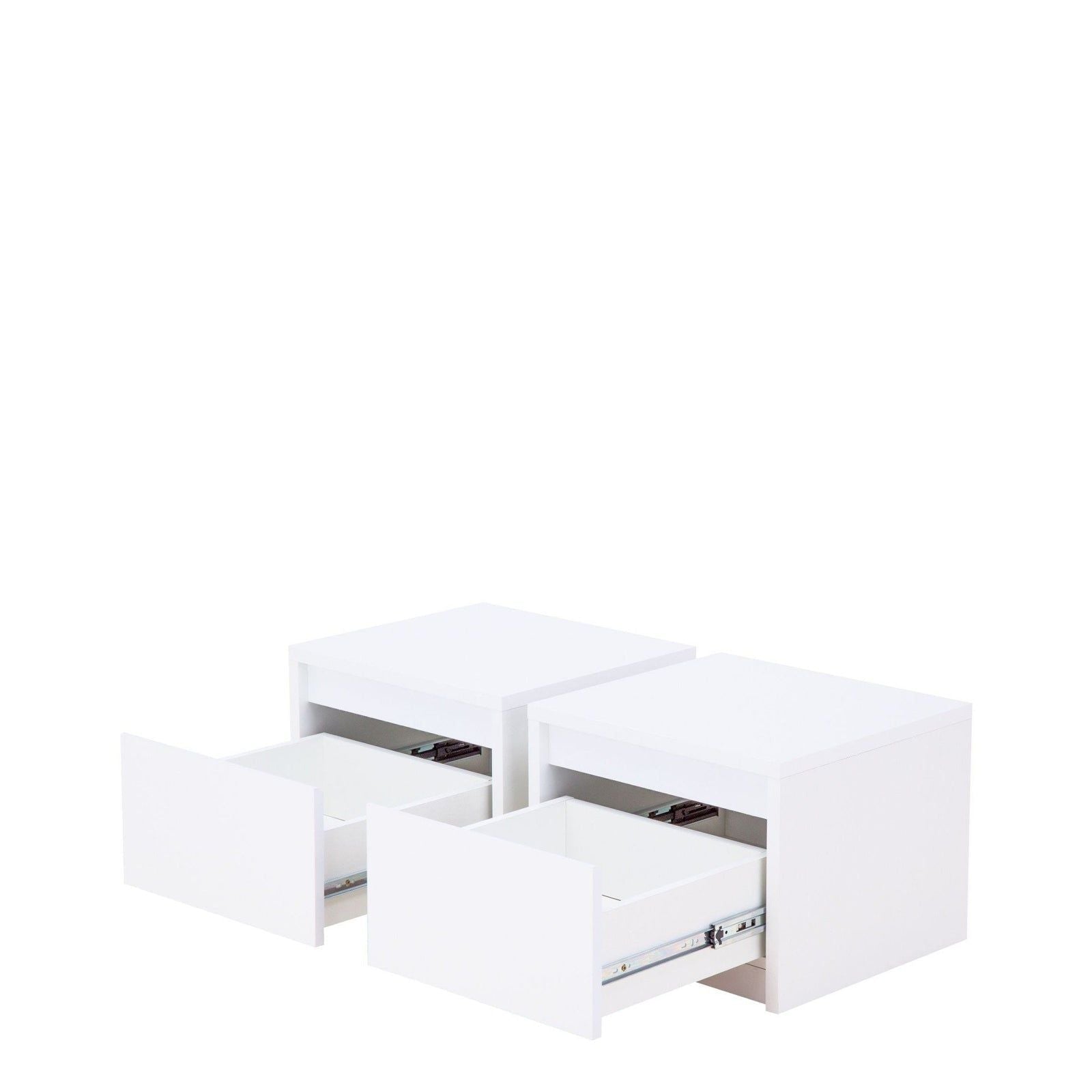 Two Italia white gloss bedside cabinets, each with one drawer