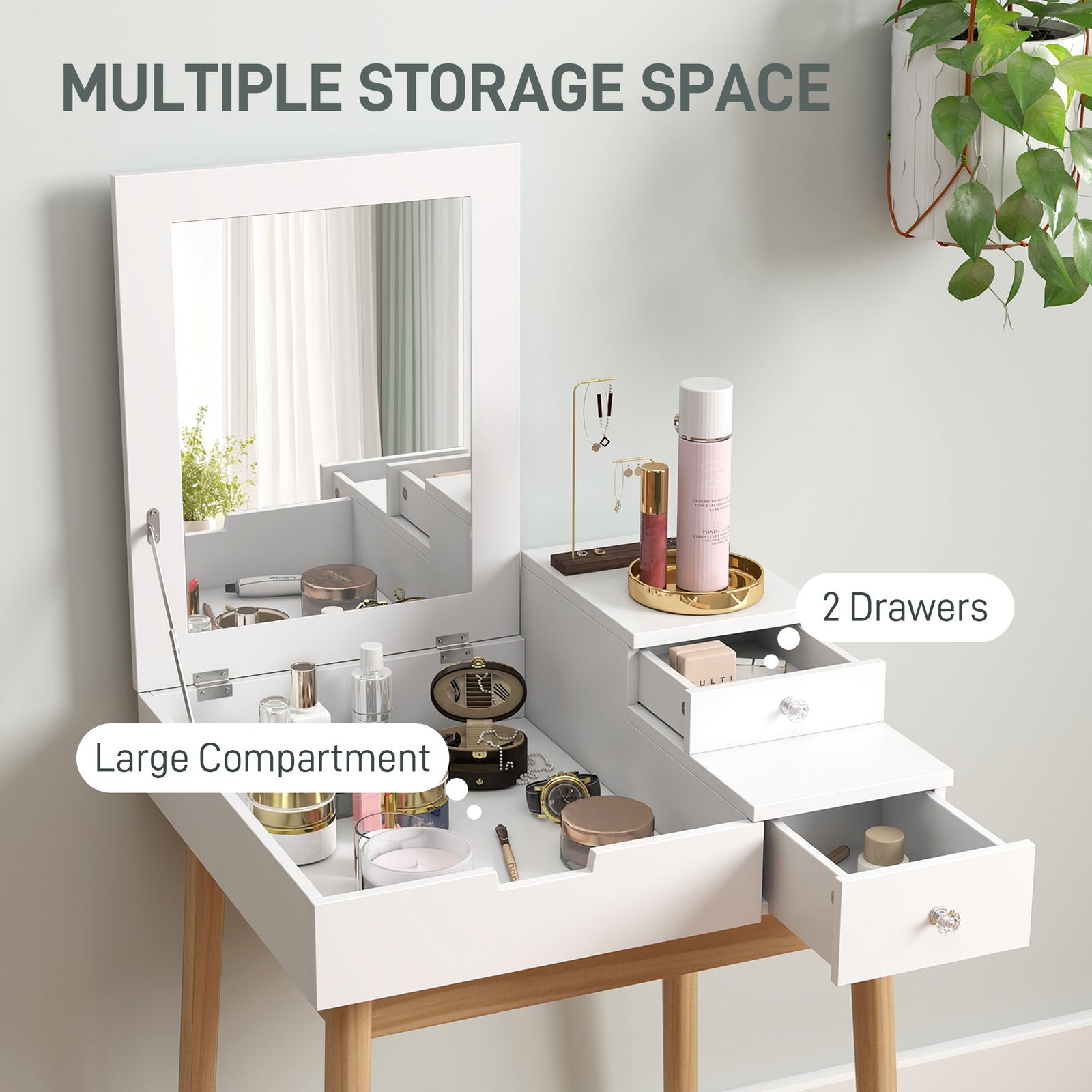 homcom dressing table with flip up mirror makeup desk with 2 drawers and pine wood legs vanity table writing desk for bedroom living room white