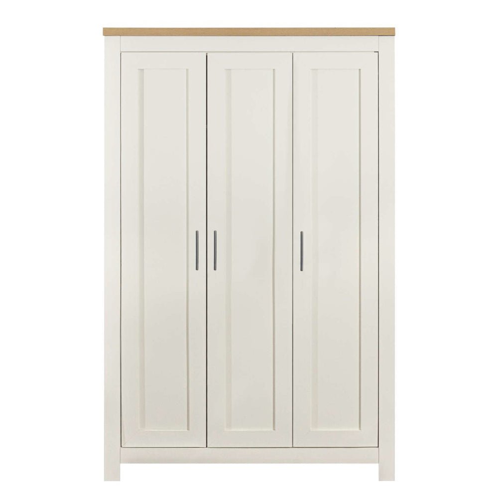 Cream 3-door wooden wardrobe with light oak top and vertical panelled doors