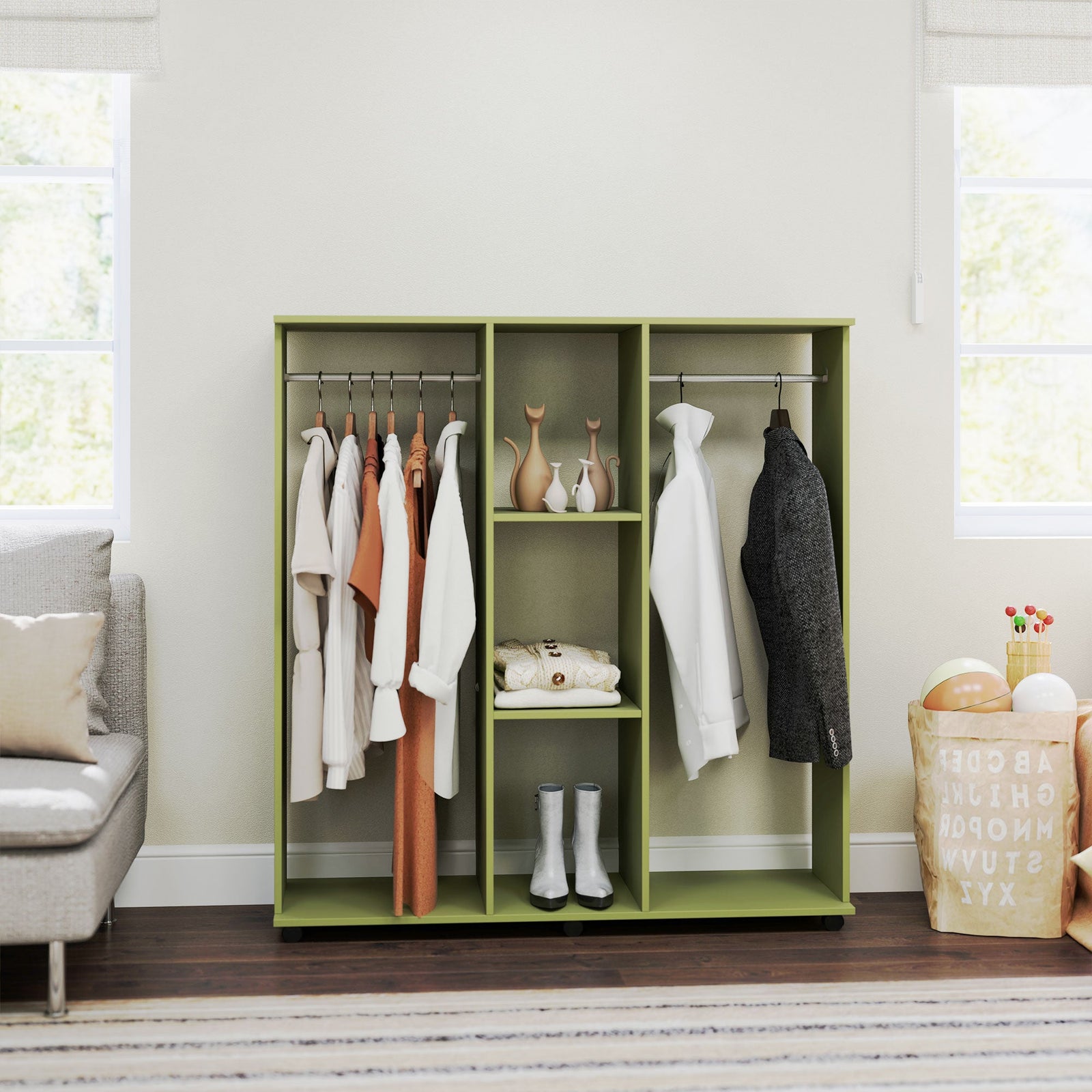 homcom open wardrobe double mobile storage shelves organizer w 6 wheels green