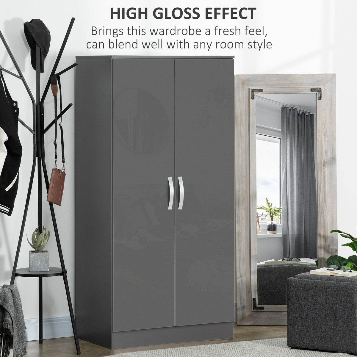 homcom high gloss wardrobe 2 door wardrobe with hanging rod and storage shelf clothes storage organizer with anti tipping design for bedroom grey