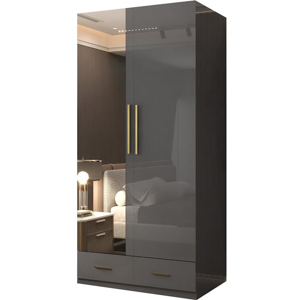 Grey high gloss 2 door 2 drawer mirrored wardrobe with gold handles